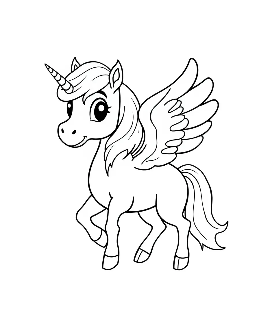 A cartoon-style drawing of a friendly mythical creature (like a pegasus) for coloring.