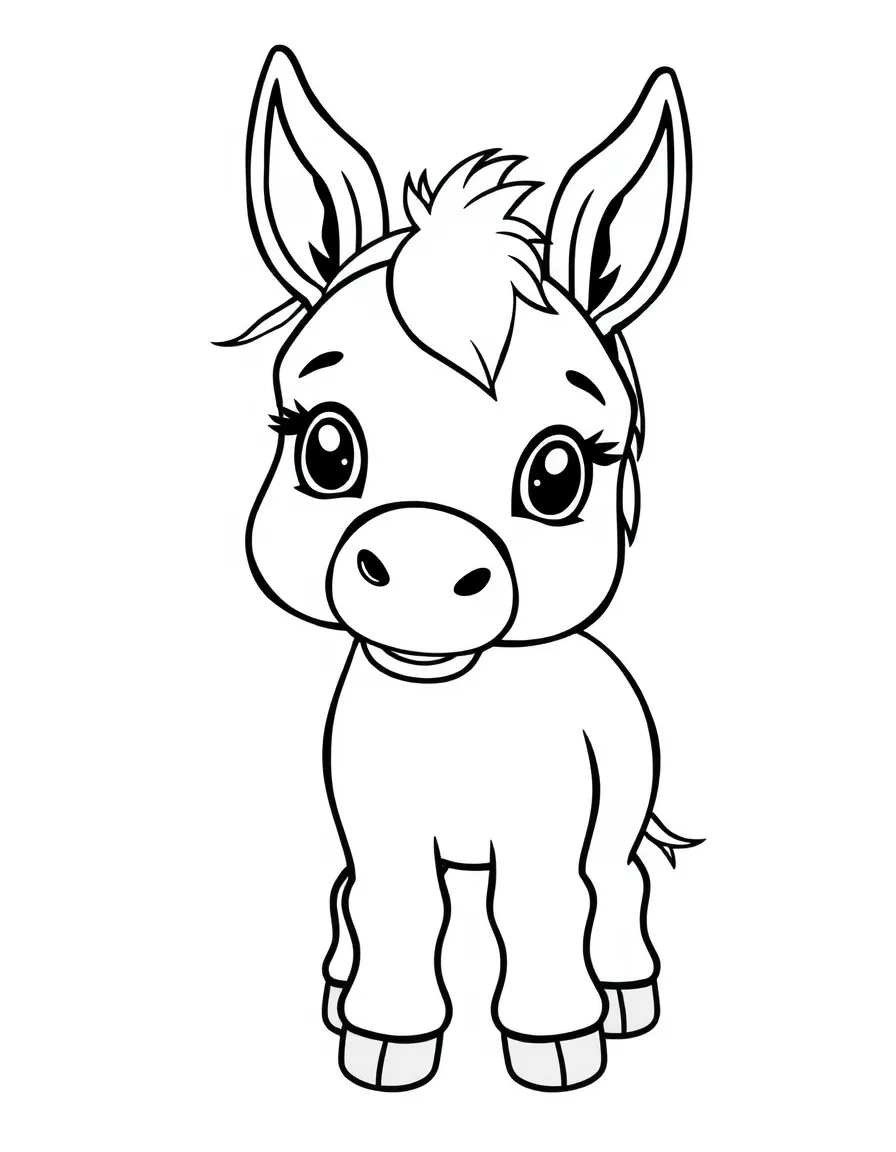 A cute drawing of a tiny donkey for coloring.