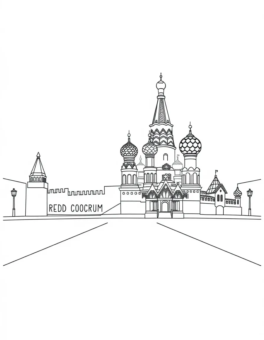 A simple outline of the Red Square and St. Basil's Cathedral in Moscow.
