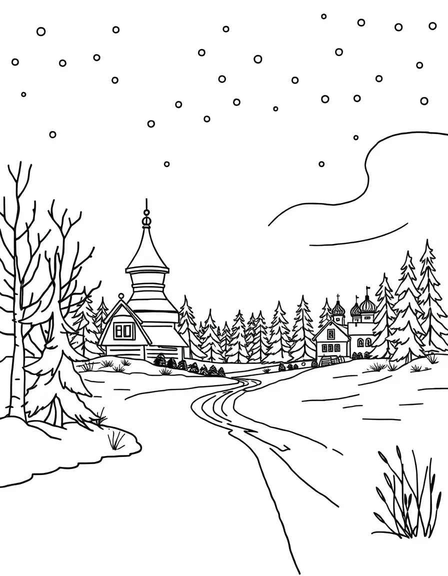 A simplified drawing of a snowy landscape in Russia for coloring.