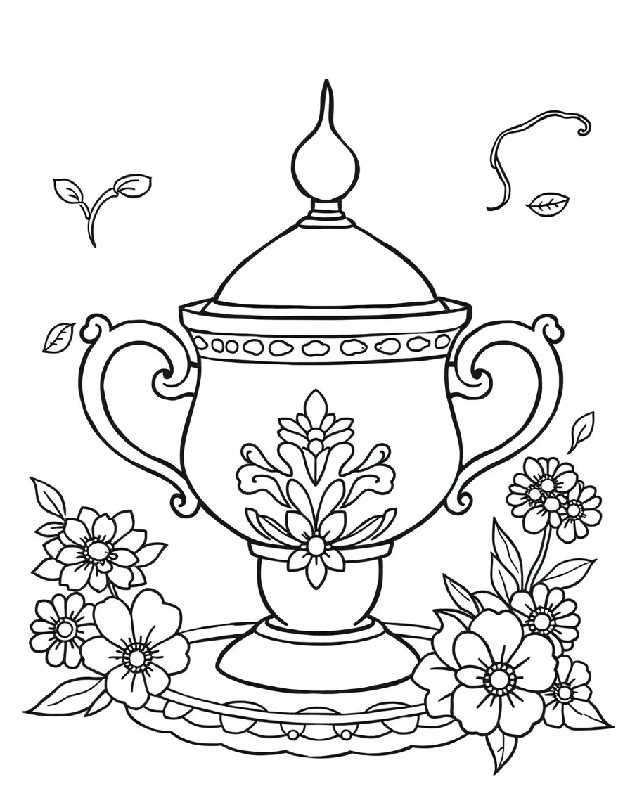 A cute drawing of a Russian teacup (samovar) for coloring.