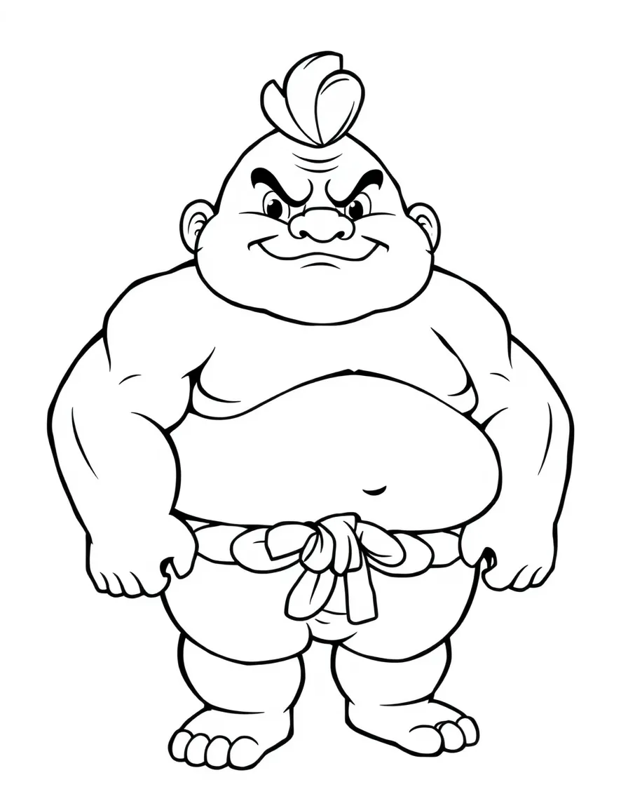 A cartoon-style drawing of a friendly sumo wrestler for coloring.