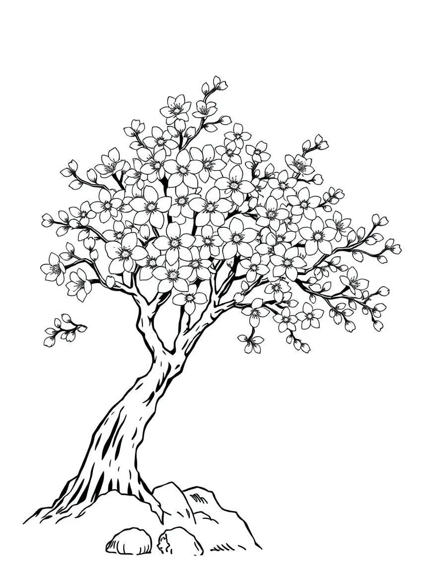 A simplified drawing of a cherry blossom tree in Japan for coloring.