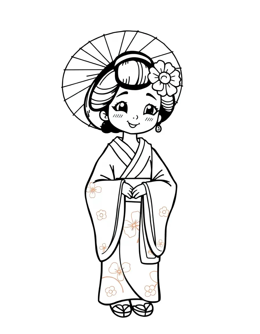 A cartoon-style drawing of a friendly geisha in a kimono for coloring.