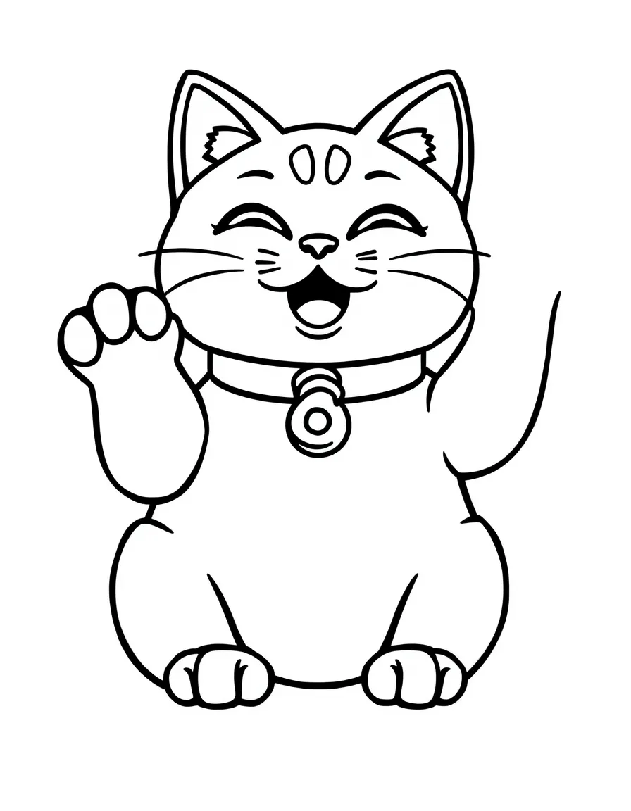 A cute drawing of a waving cat (Maneki-neko) for coloring.