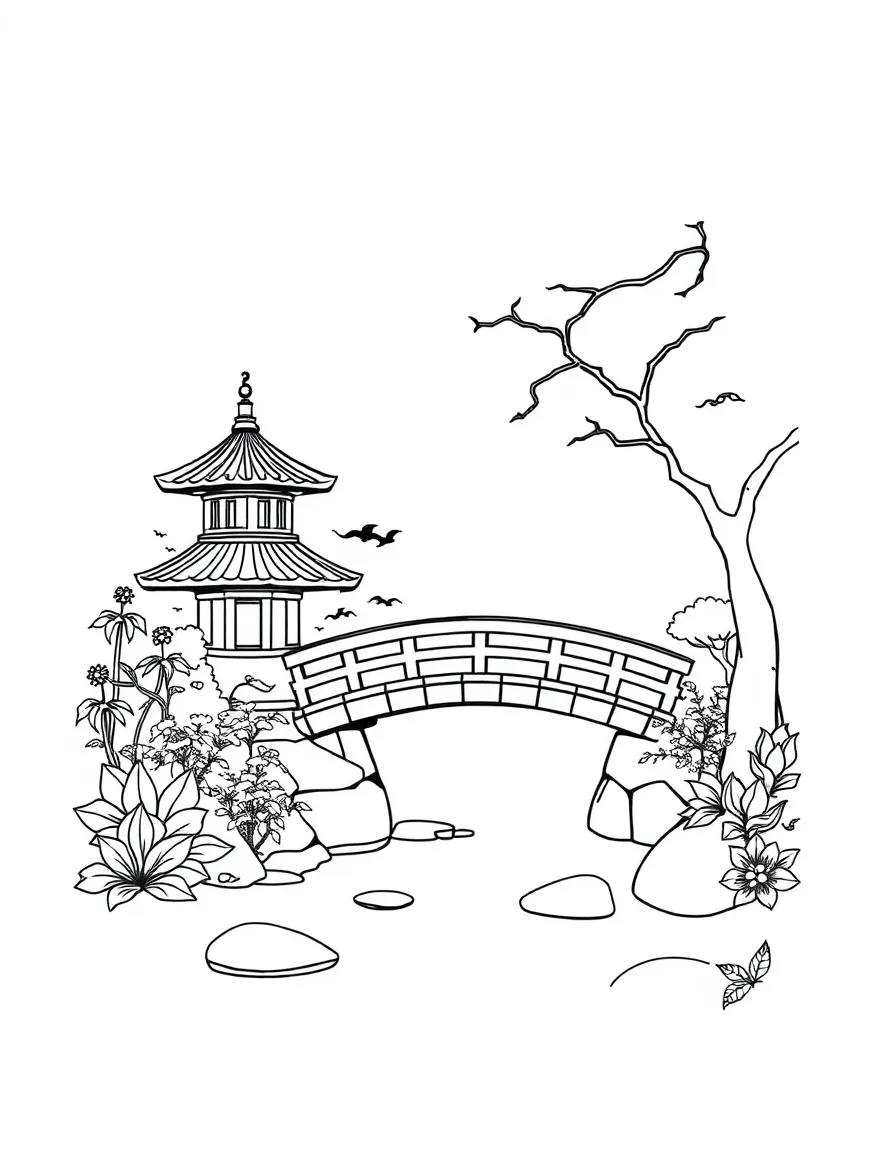 A simple outline of a Japanese garden with a bridge for coloring.