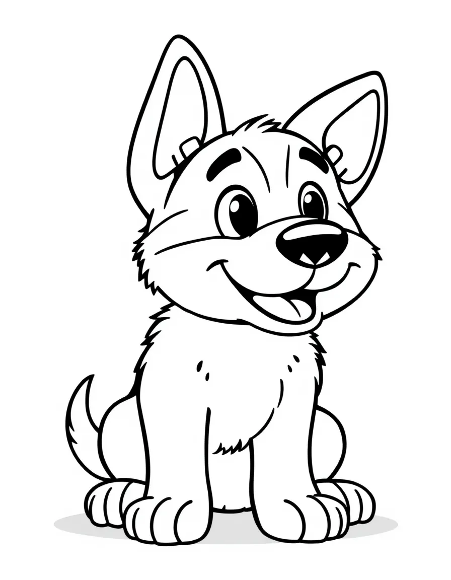 A cartoon-style drawing of a friendly German shepherd dog for coloring.