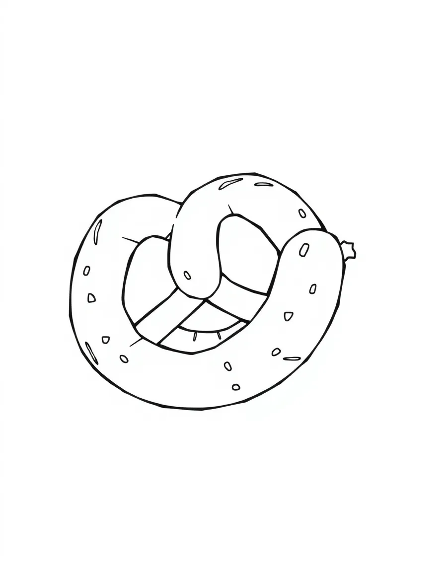 A cute drawing of a pretzel and sausage in Germany for coloring.