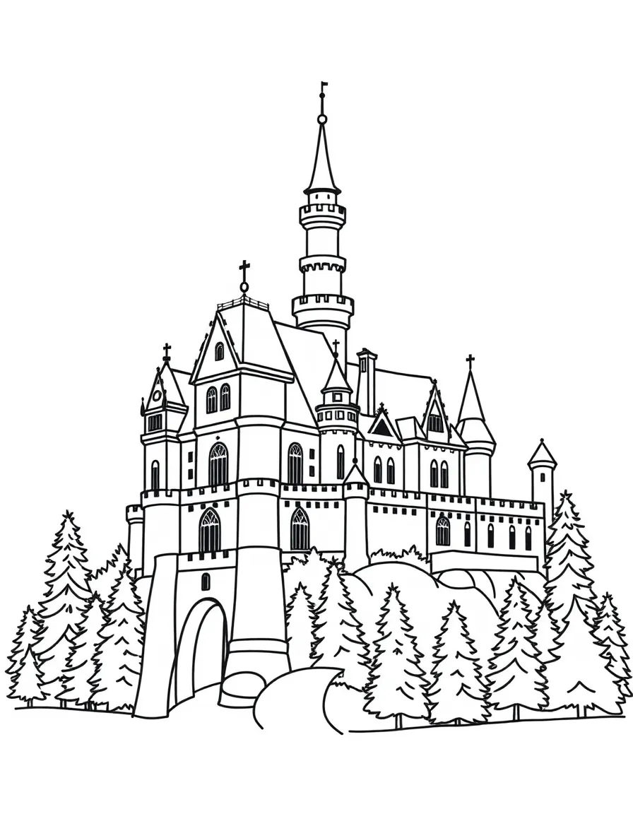 A drawing of a simplified Bavarian castle (Neuschwanstein-like) for coloring.