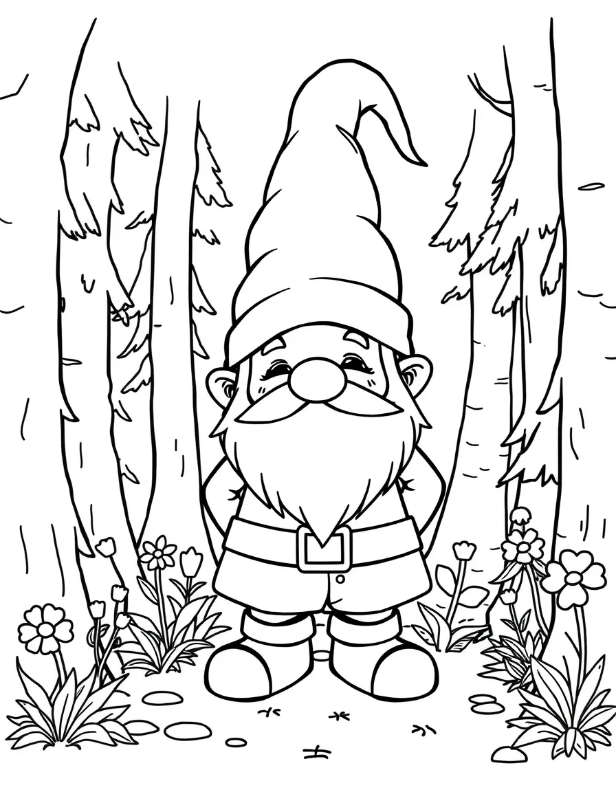 A cartoon-style drawing of a friendly gnome in a German forest for coloring.
