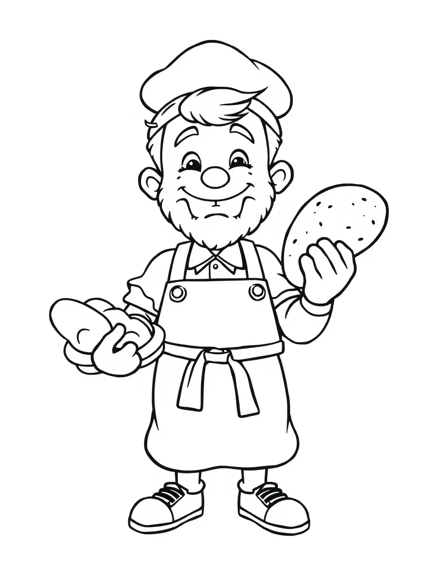 A cute drawing of a cheerful German baker with bread for coloring.
