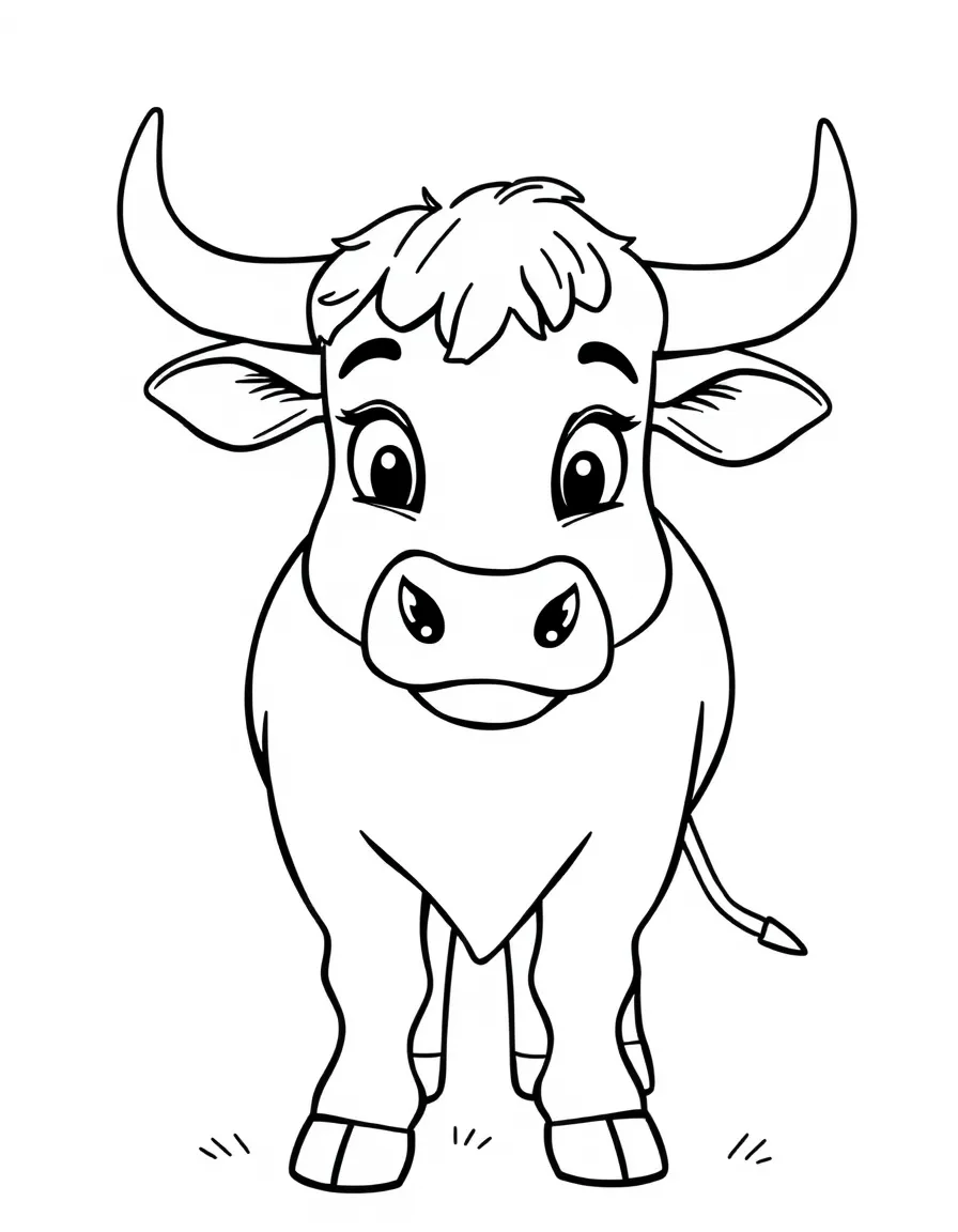 A cartoon-style drawing of a friendly bull in Spain for coloring.