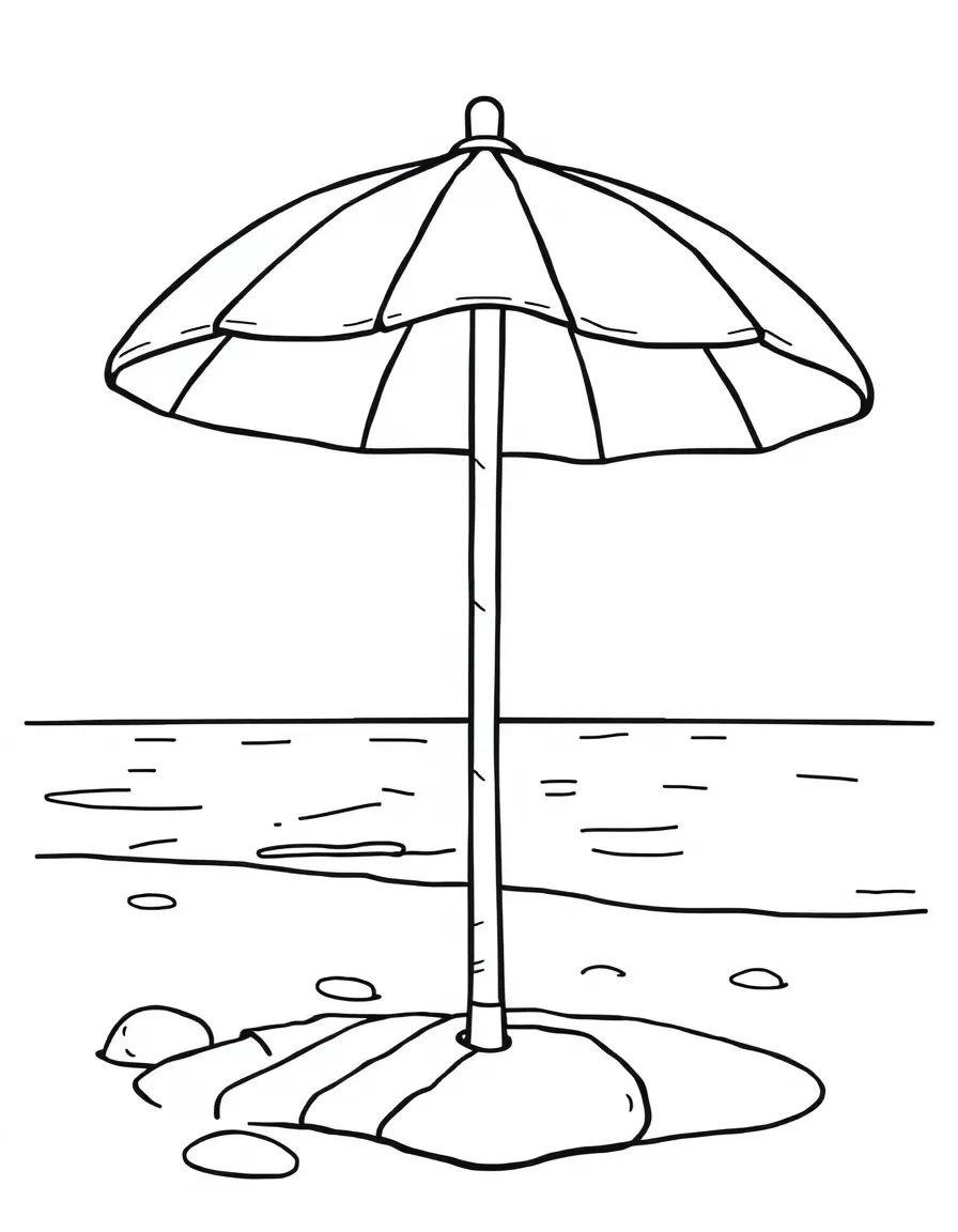 A cute drawing of a sunny beach with an umbrella in Spain for coloring.