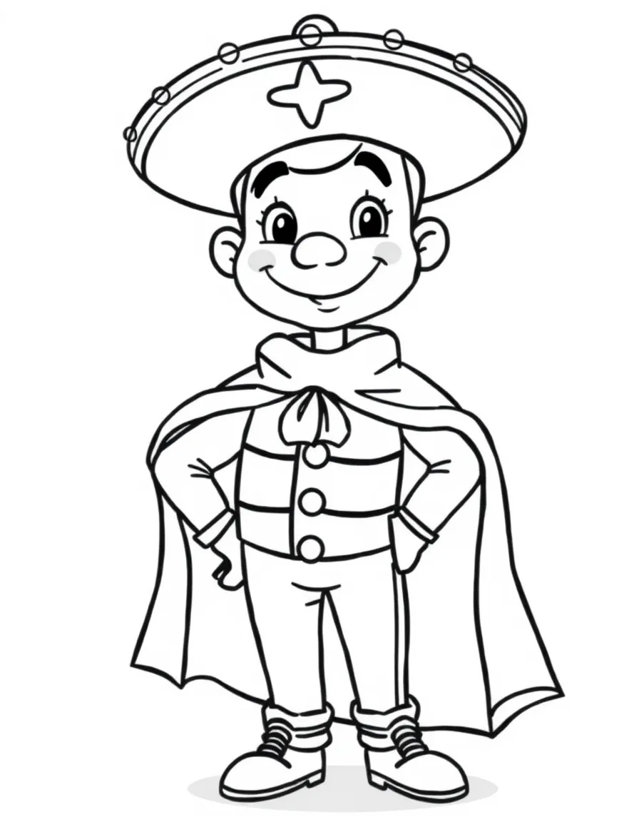 A cartoon-style drawing of a cheerful matador with a cape for coloring.