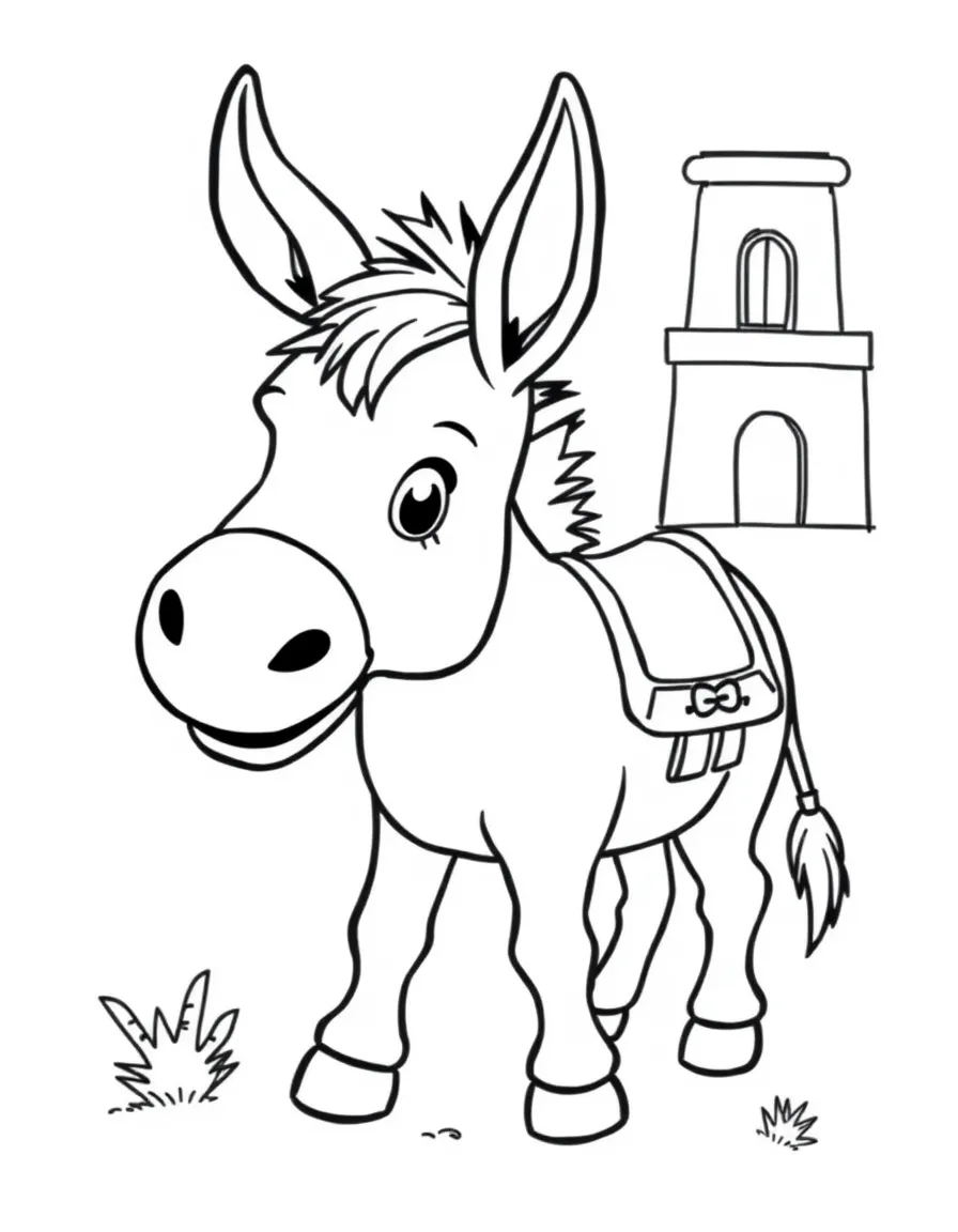 A cute drawing of a happy donkey in Spain for coloring.