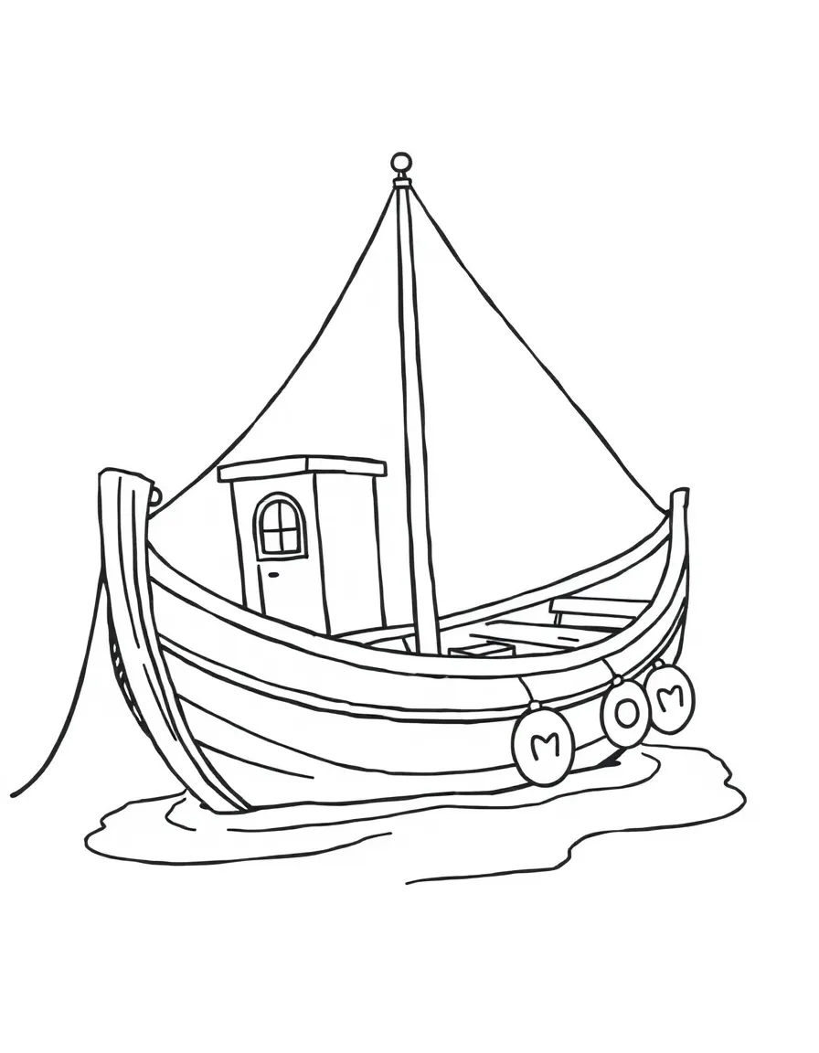 A cartoon-style drawing of a Greek fisherman's boat for coloring.