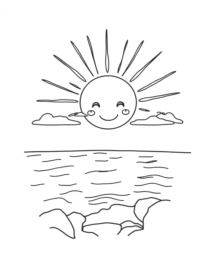 A cute drawing of a happy sun over the Aegean Sea for coloring.