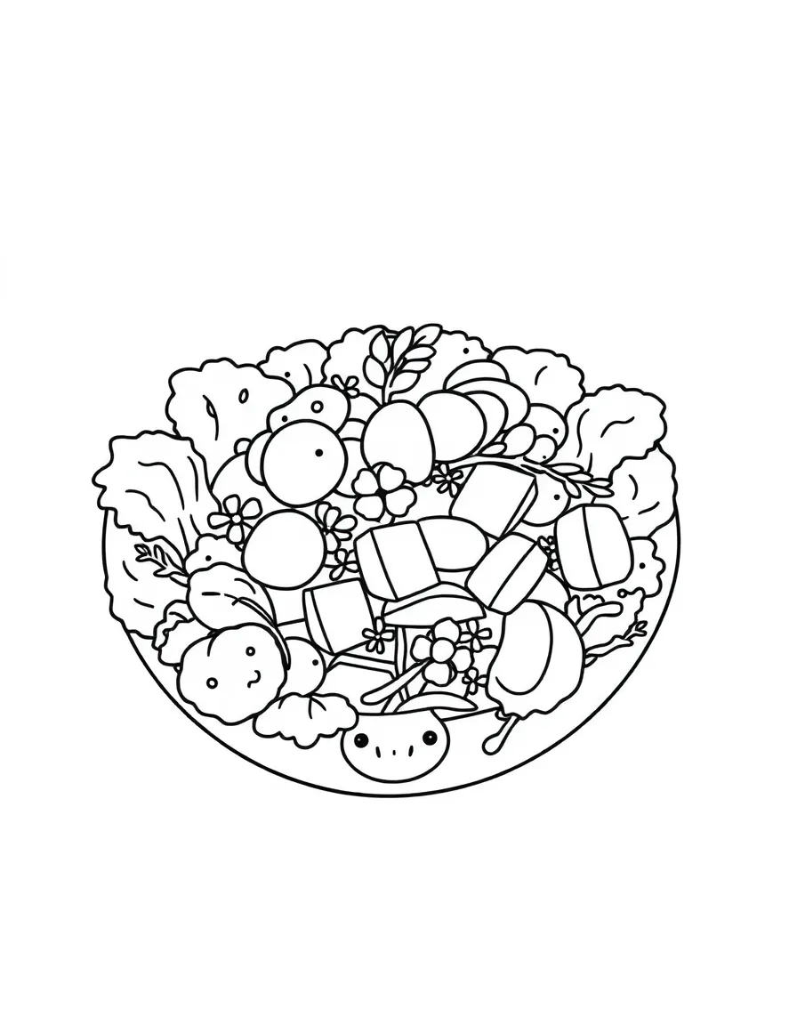 A simple outline of a Greek salad for coloring.