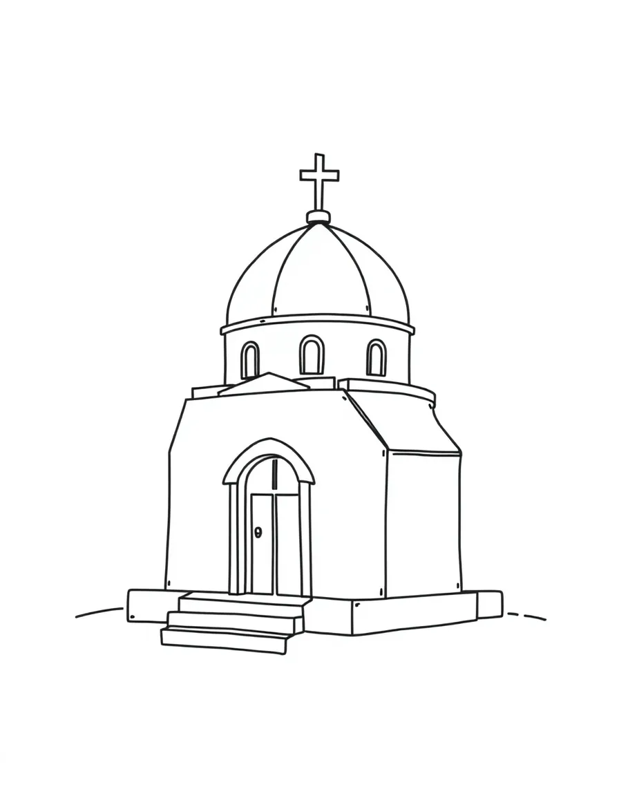 A cute drawing of a small Greek church with a blue dome for coloring.