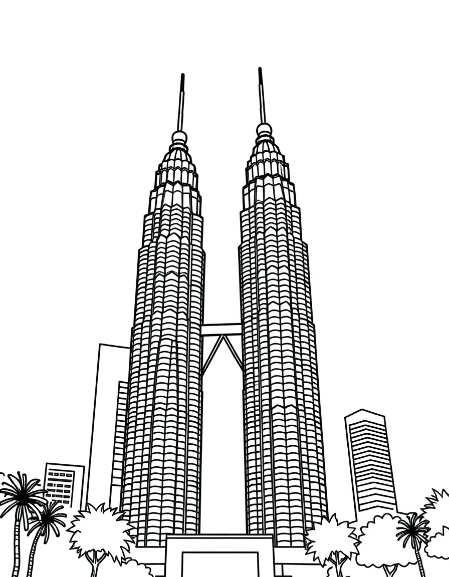 A simple outline of the Petronas Towers in Kuala Lumpur, Malaysia.