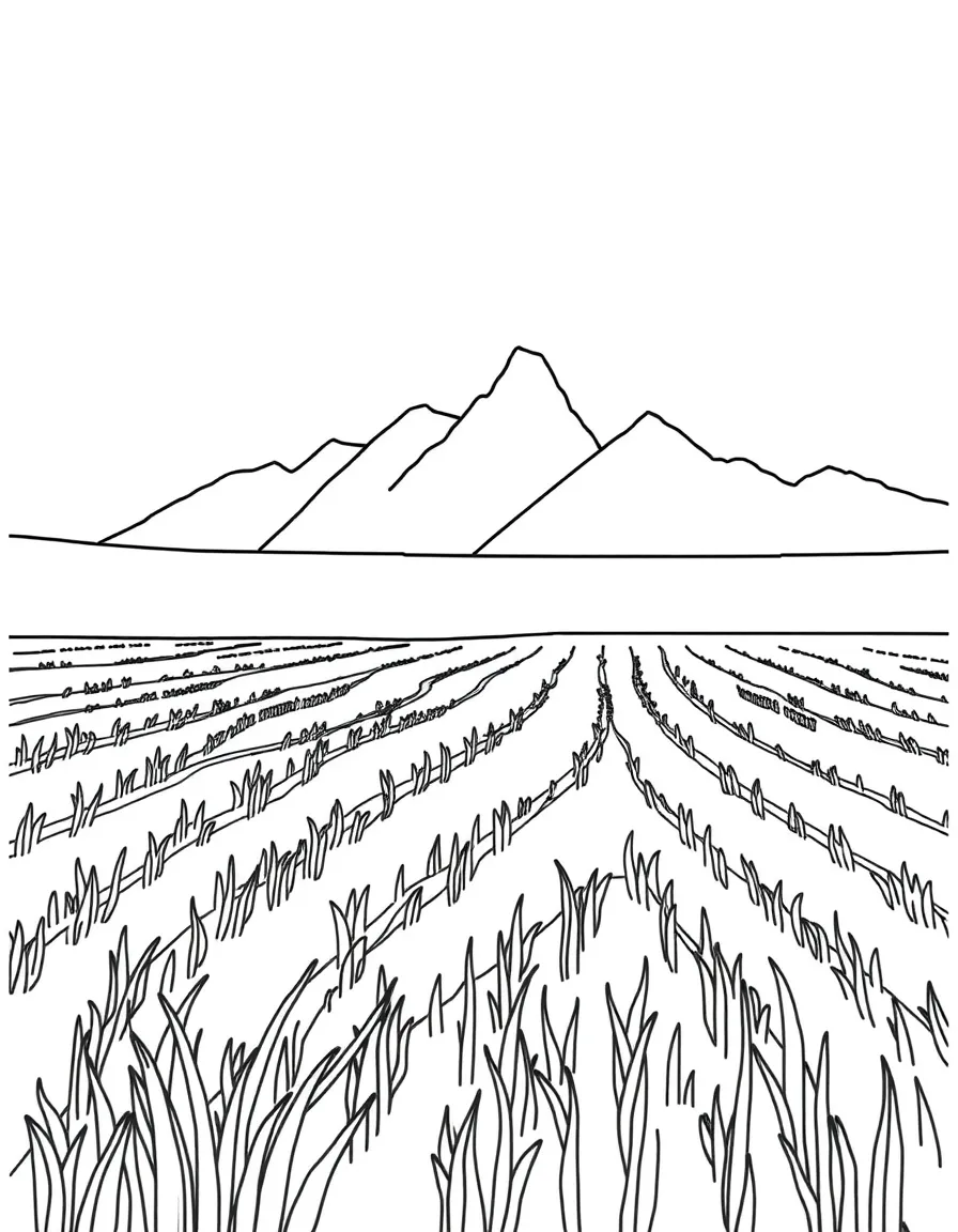 A simple outline of a rice paddy field in Malaysia for coloring.