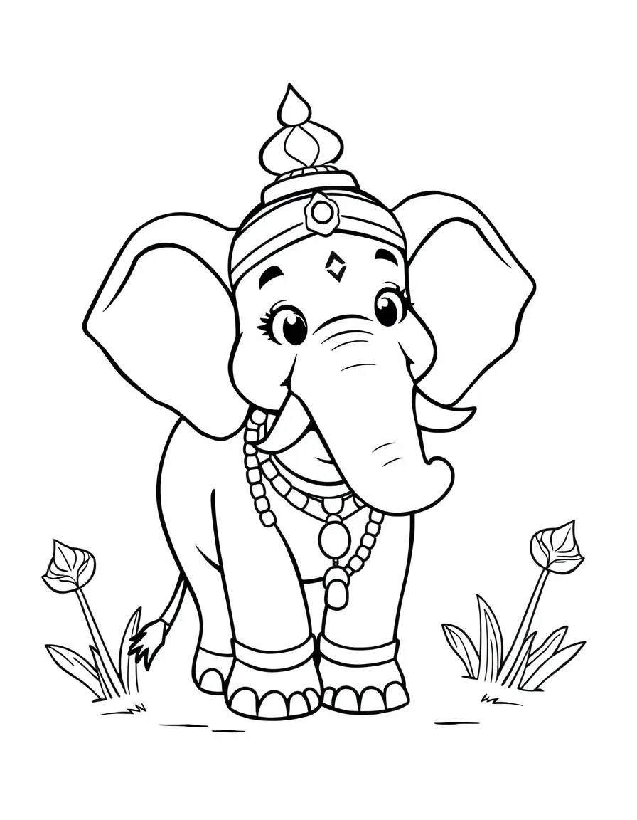 A cartoon-style drawing of a friendly elephant in India for coloring.