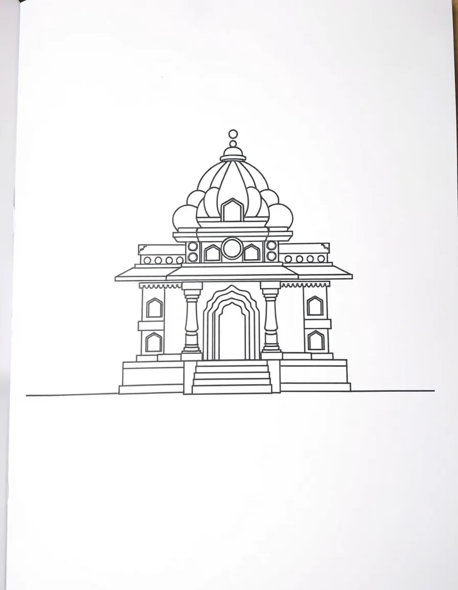 A drawing of a simplified Indian temple for coloring.