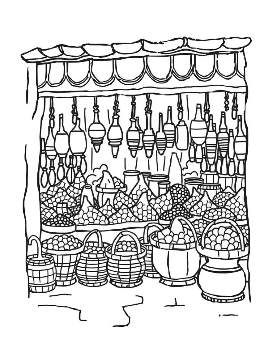 A simplified drawing of an Indian spice market with baskets for coloring.