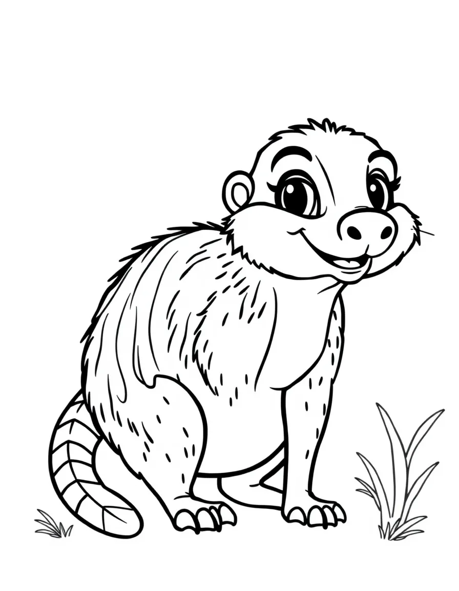A cartoon-style drawing of a friendly mongoose in India for coloring.