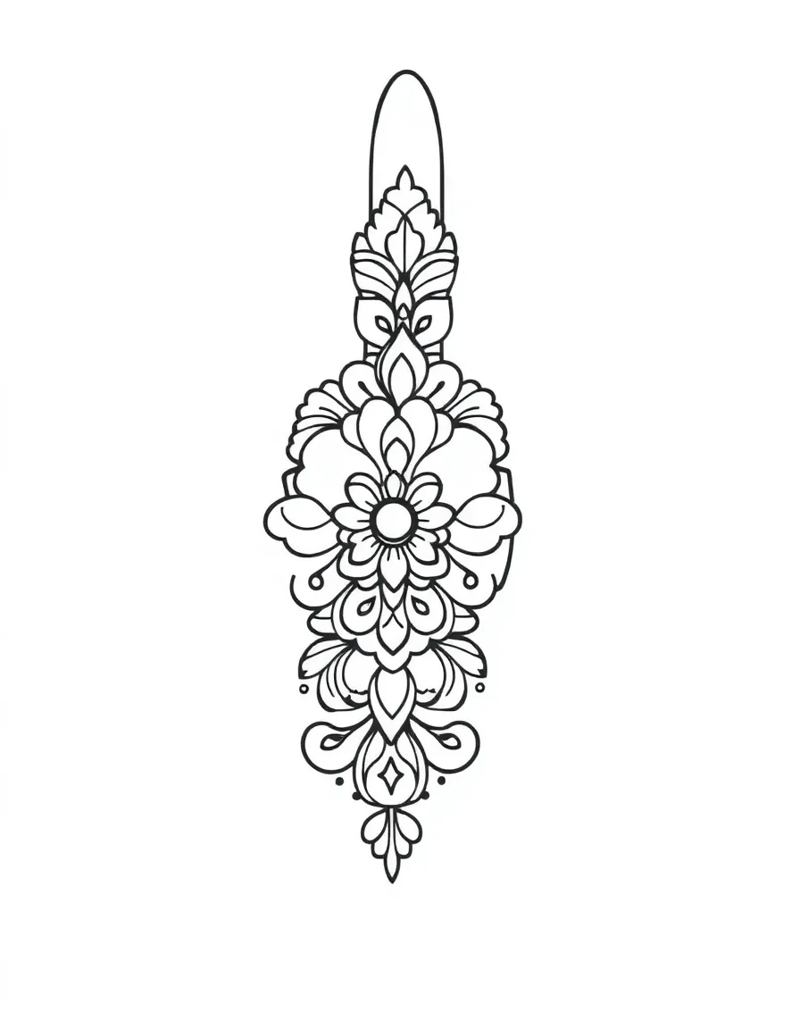 A simple outline of a henna hand design for coloring.
