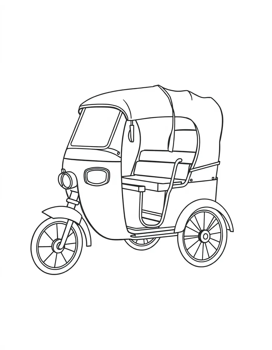 A drawing of a simplified Indian rickshaw for coloring.