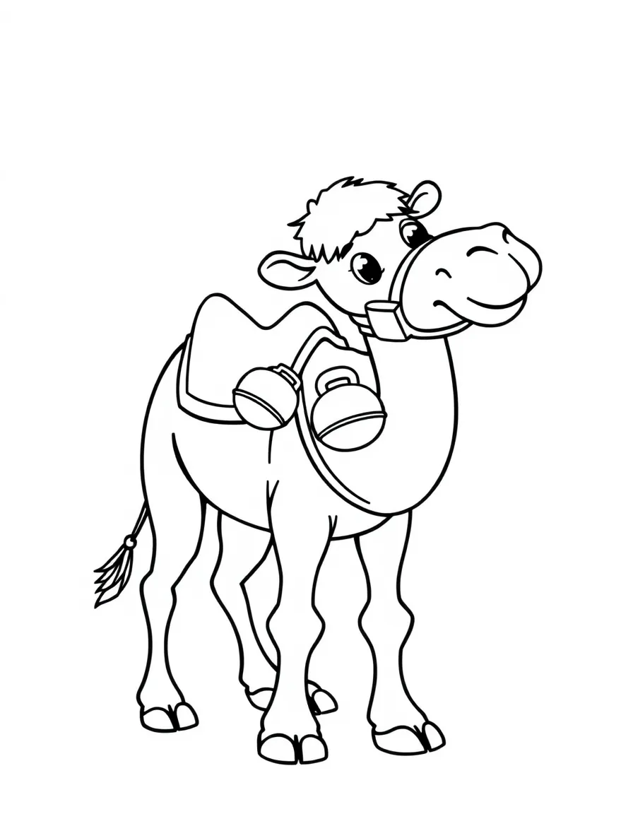 A cartoon-style drawing of a friendly camel wearing bells for coloring.