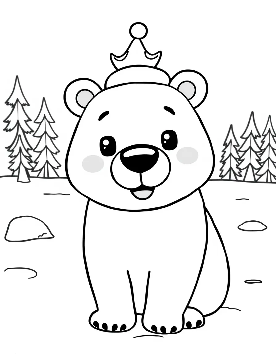 A cartoon-style drawing of a friendly polar bear in Russia for coloring.