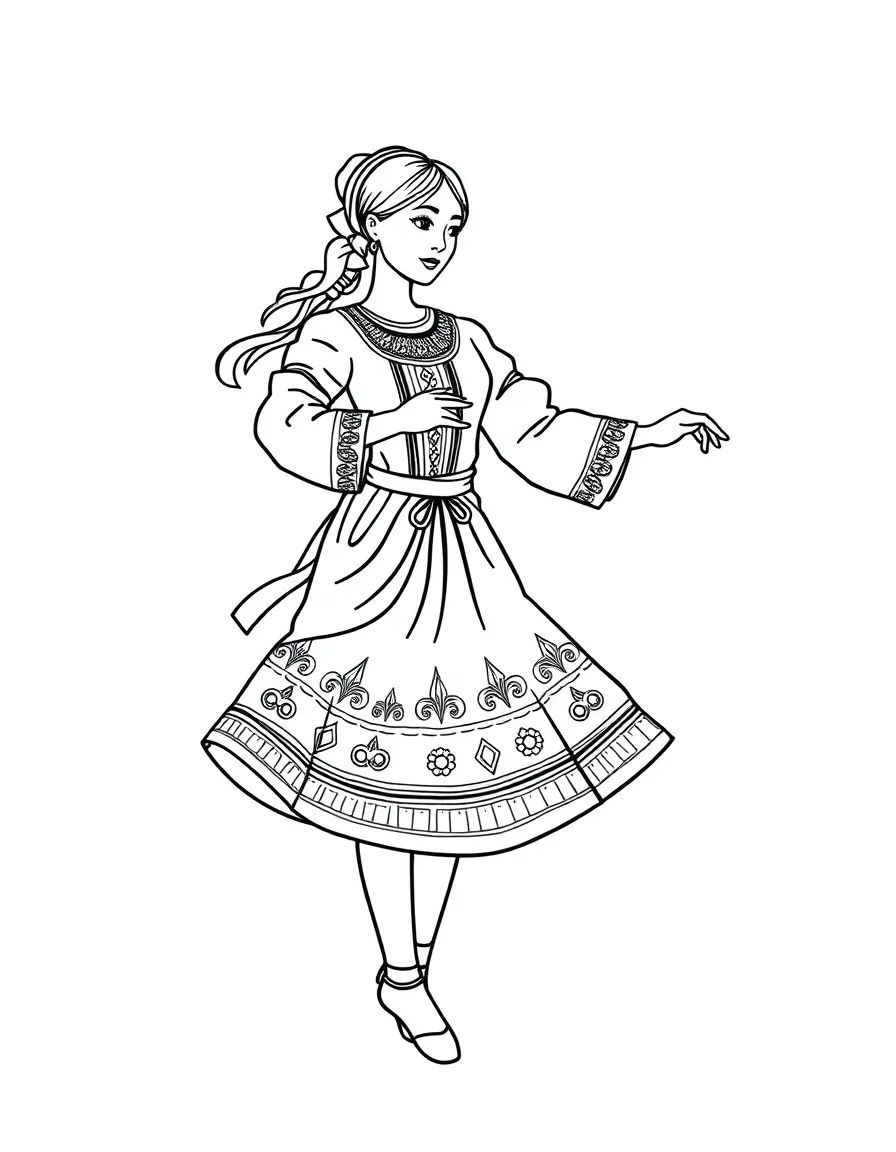 A simple outline of a Russian folk dancer for coloring.