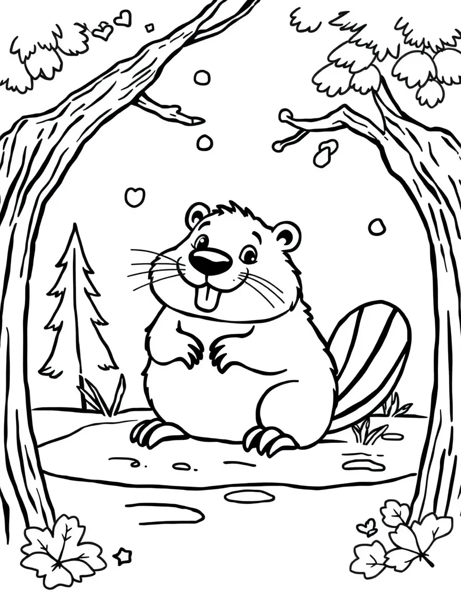 A cartoon-style drawing of a friendly beaver in Canada for coloring.