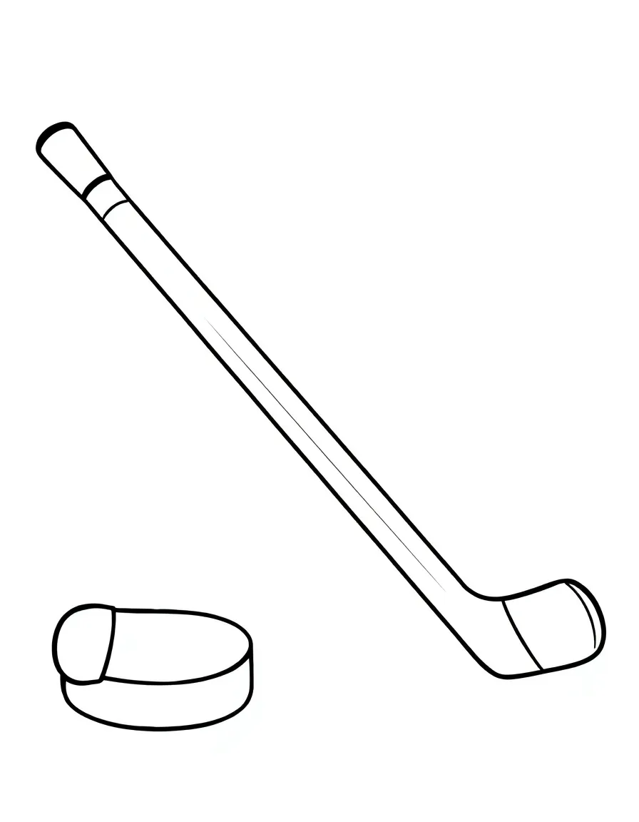 A cute drawing of a hockey stick and puck for coloring.