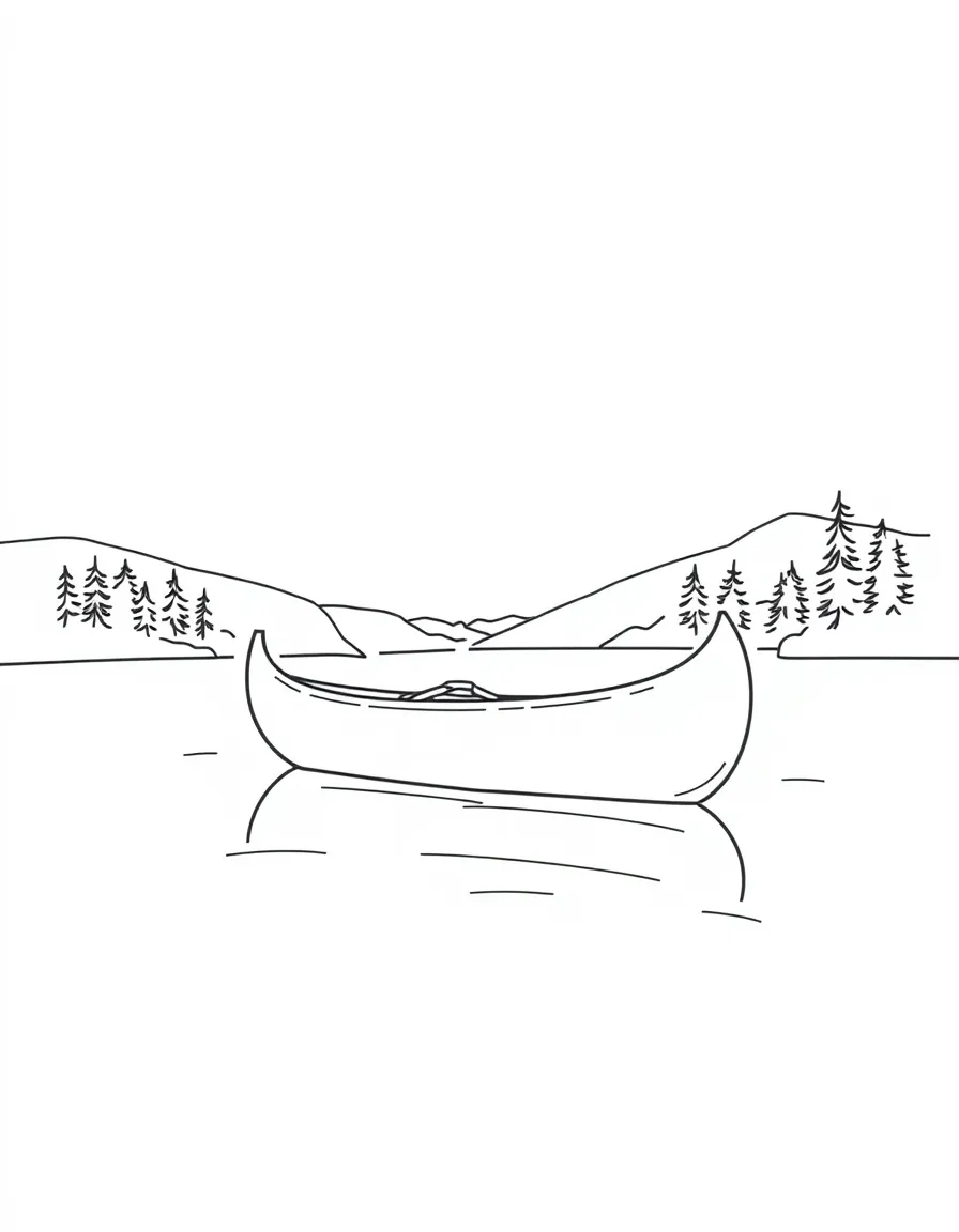 A simplified drawing of a canoe on a lake in Canada for coloring.