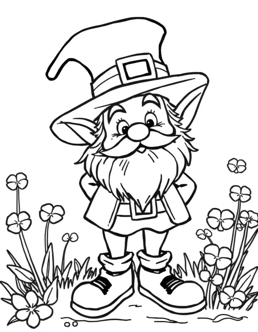A cartoon-style drawing of a friendly leprechaun in Ireland for coloring.