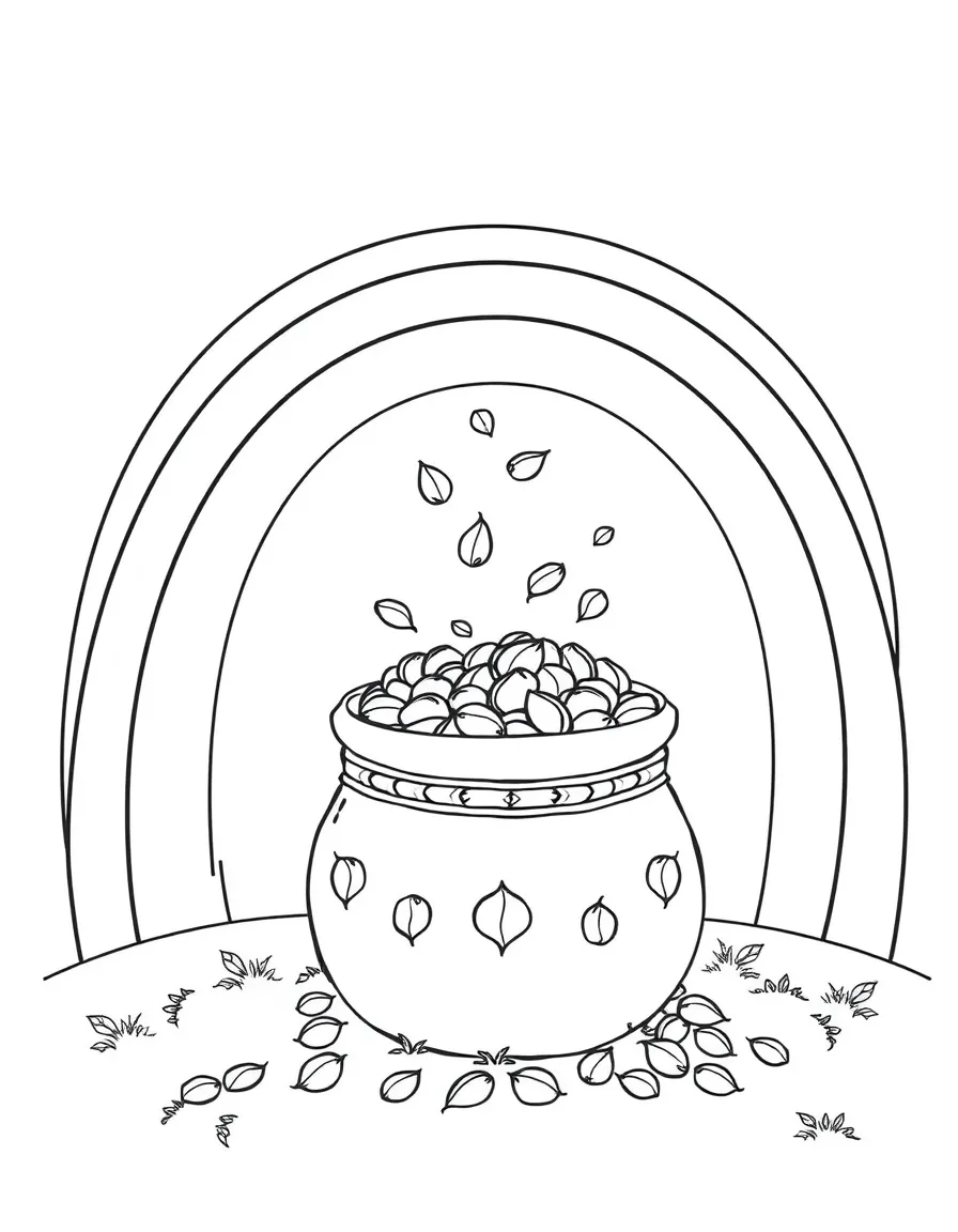 A cute drawing of a pot of gold at the end of a rainbow for coloring.