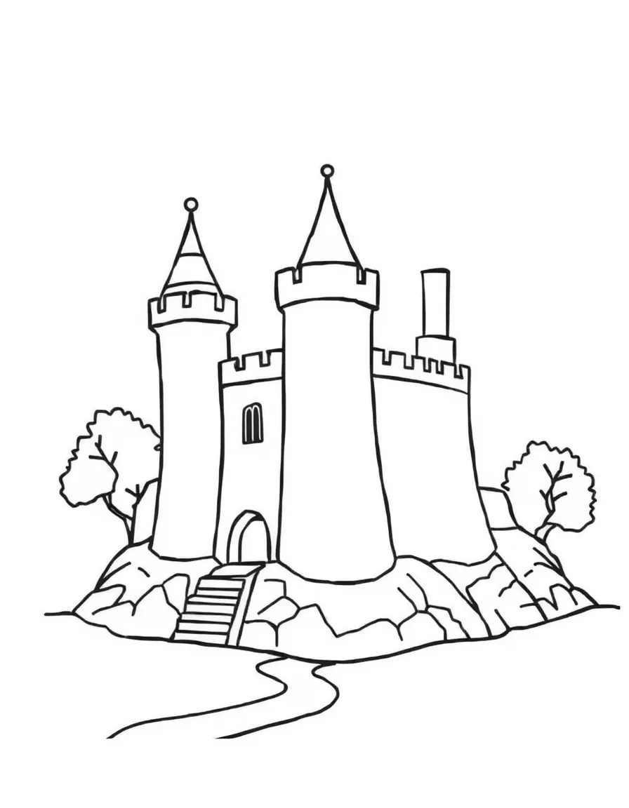 A drawing of a simplified Irish castle for coloring.