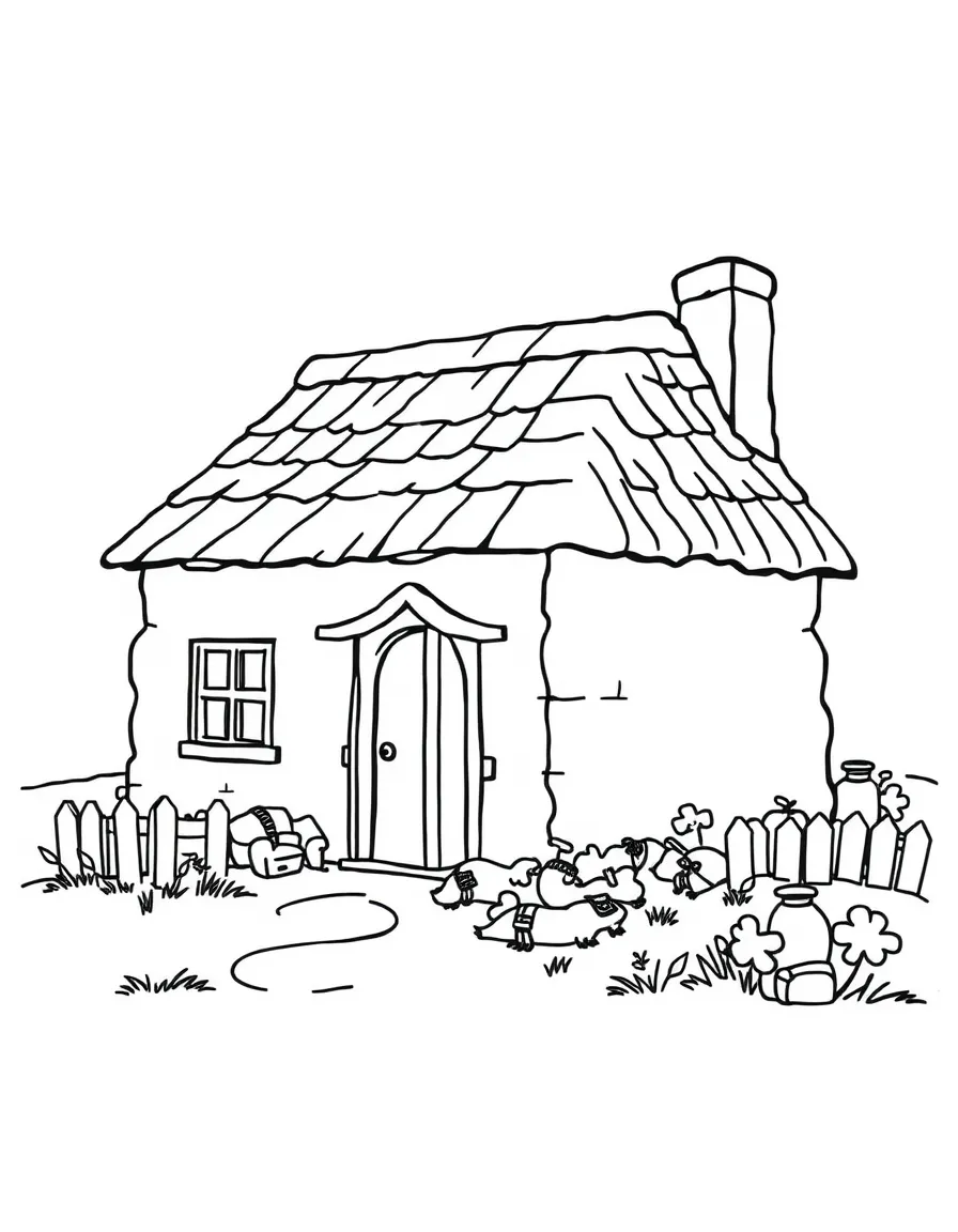 A simple outline of an Irish cottage for coloring.