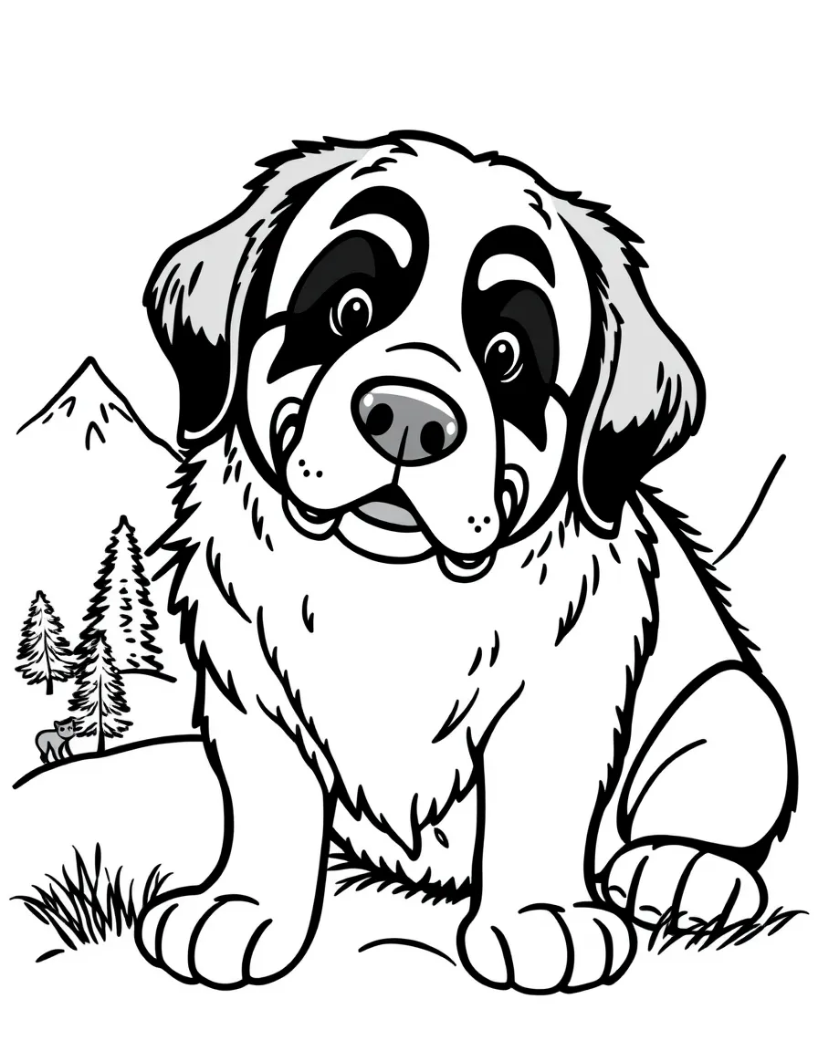 A cartoon-style drawing of a friendly St. Bernard dog in Switzerland for coloring.