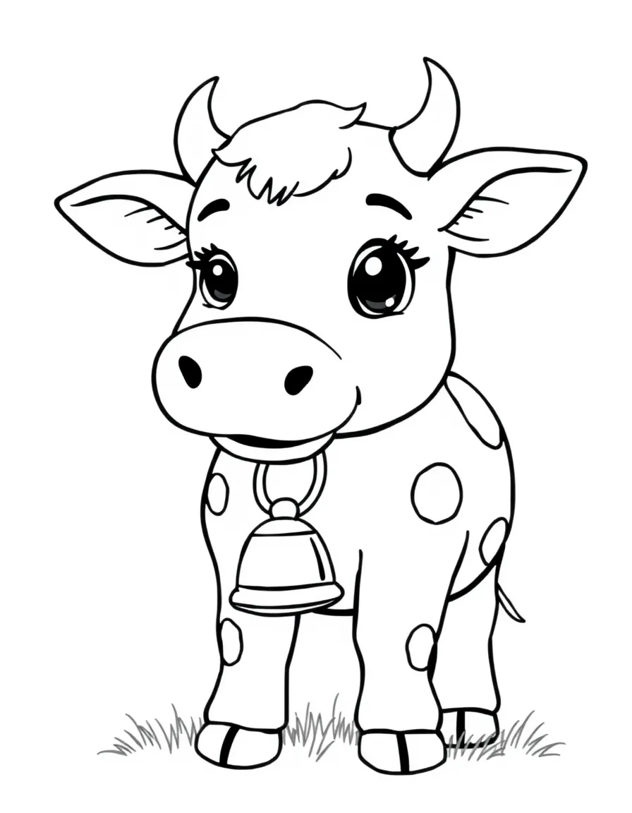 A cute drawing of a Swiss cow with a bell for coloring.