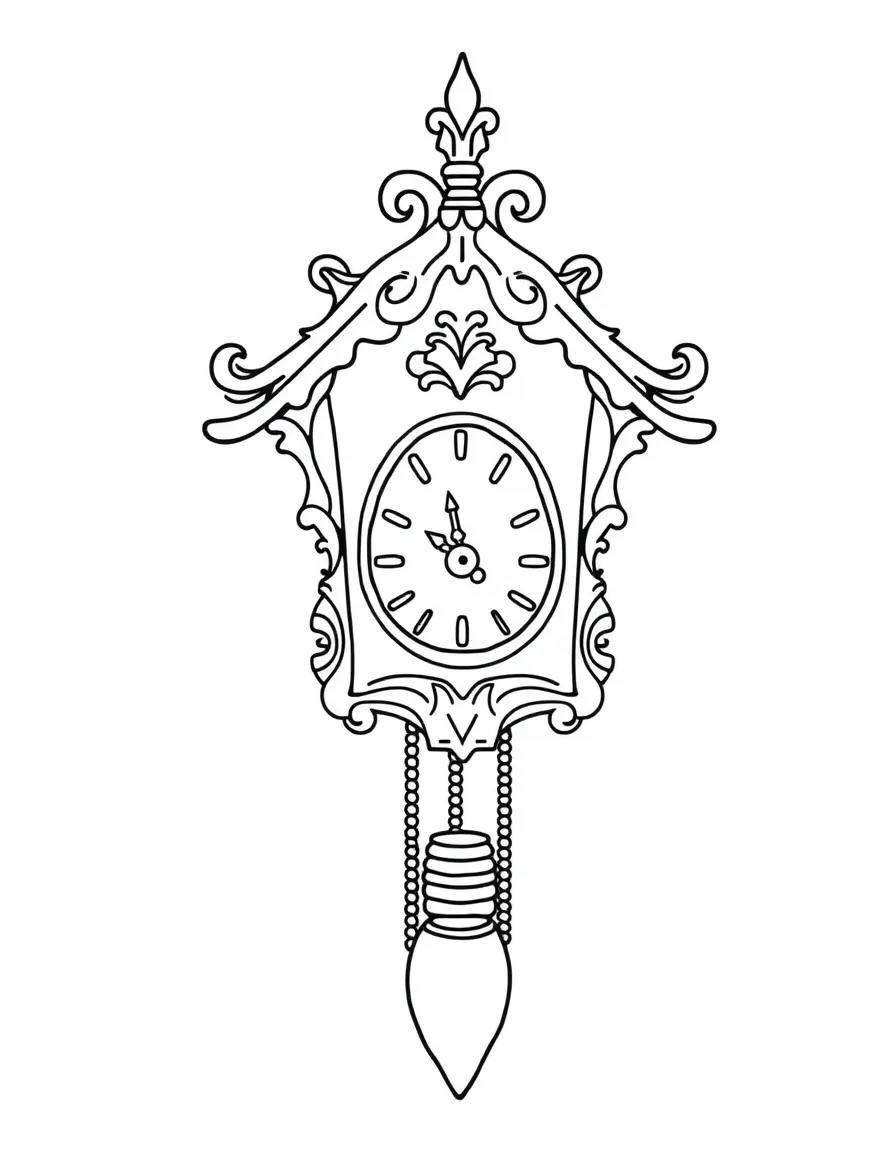A simple outline of a cuckoo clock for coloring.