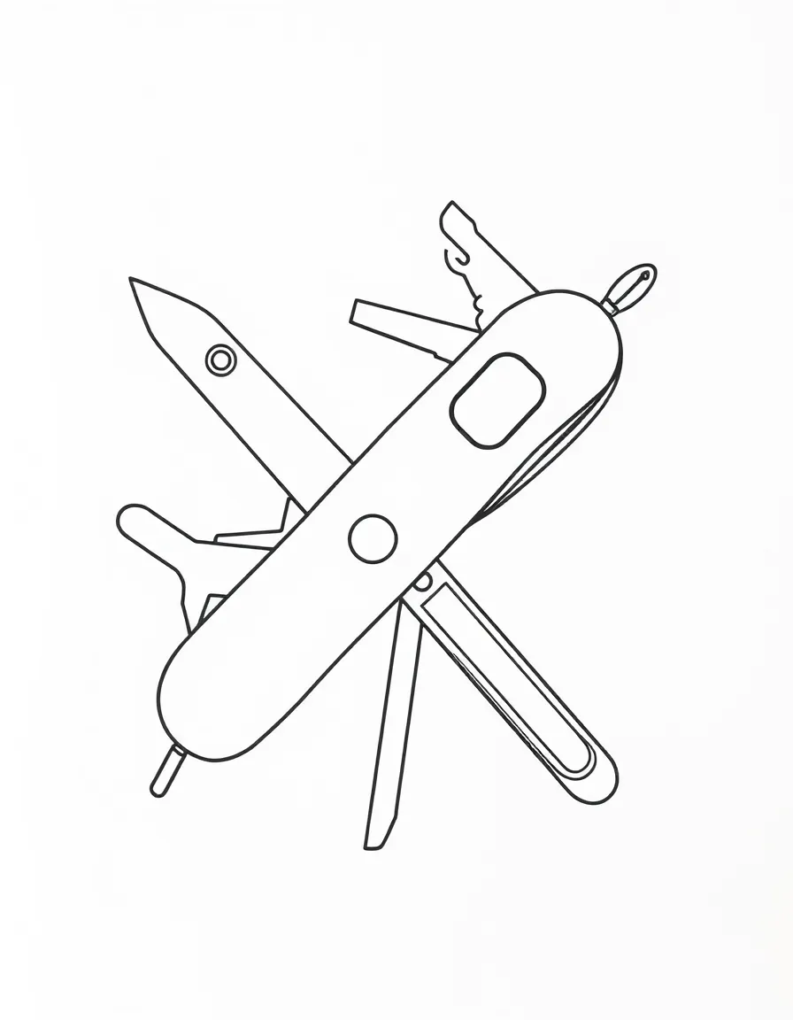 A simplified drawing of a Swiss army knife for coloring.