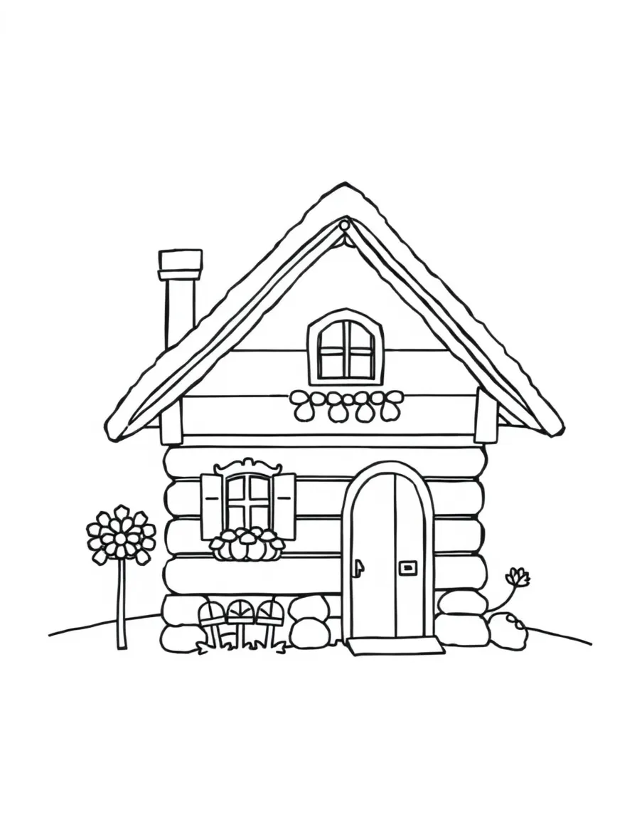A cute drawing of a small Swiss chalet for coloring.