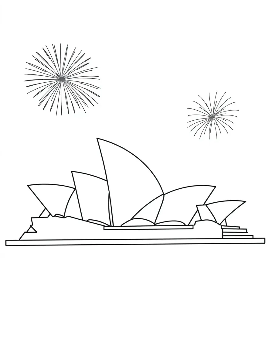 A simple outline of the Sydney Opera House for coloring, with added fireworks.