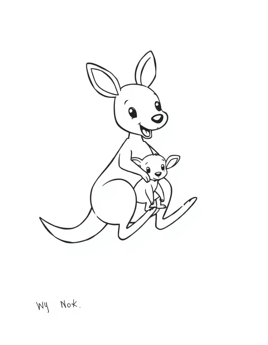 A simplified drawing of a cute kangaroo jumping with a joey for coloring.