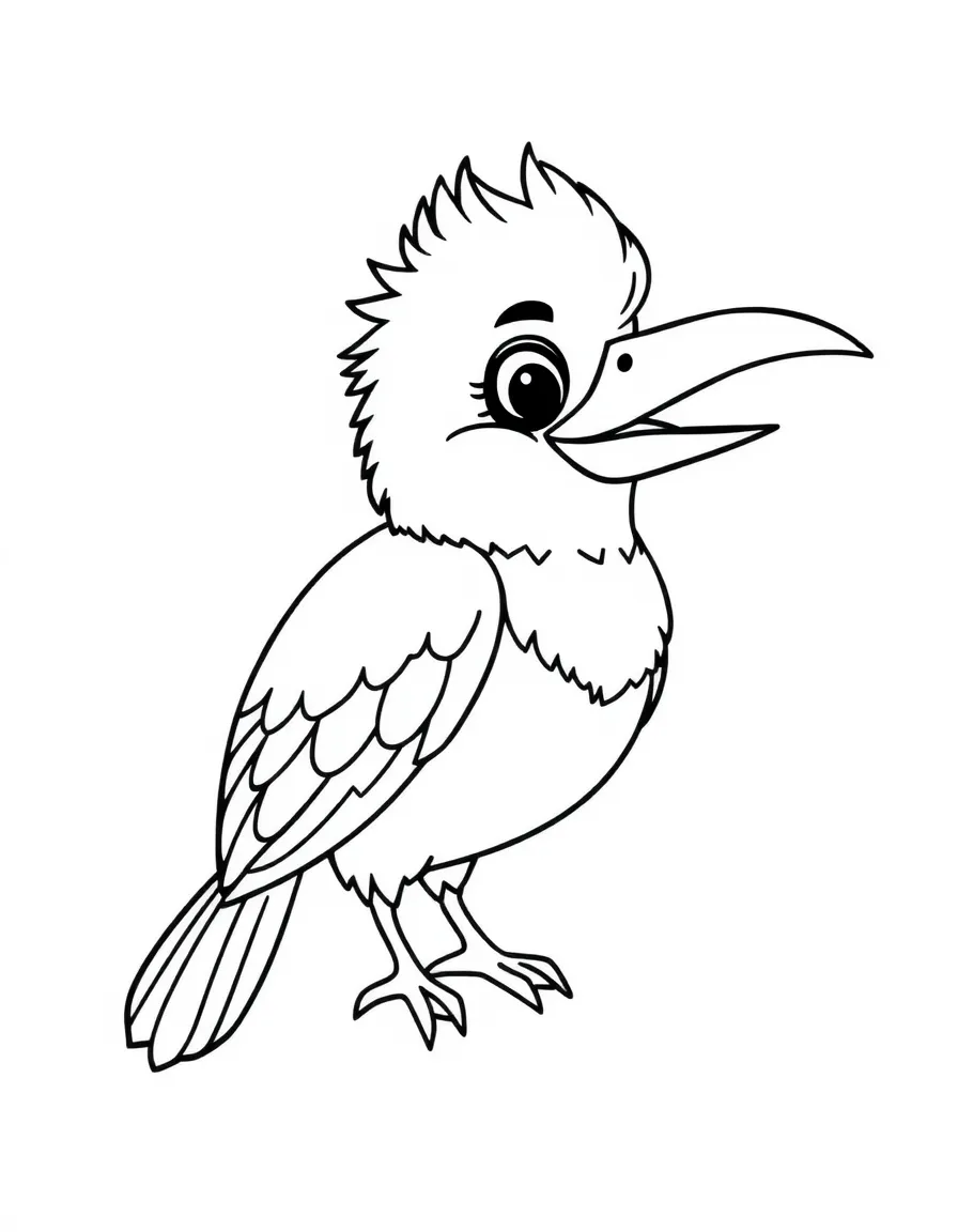 A cartoon-style drawing of a friendly kookaburra bird for coloring.