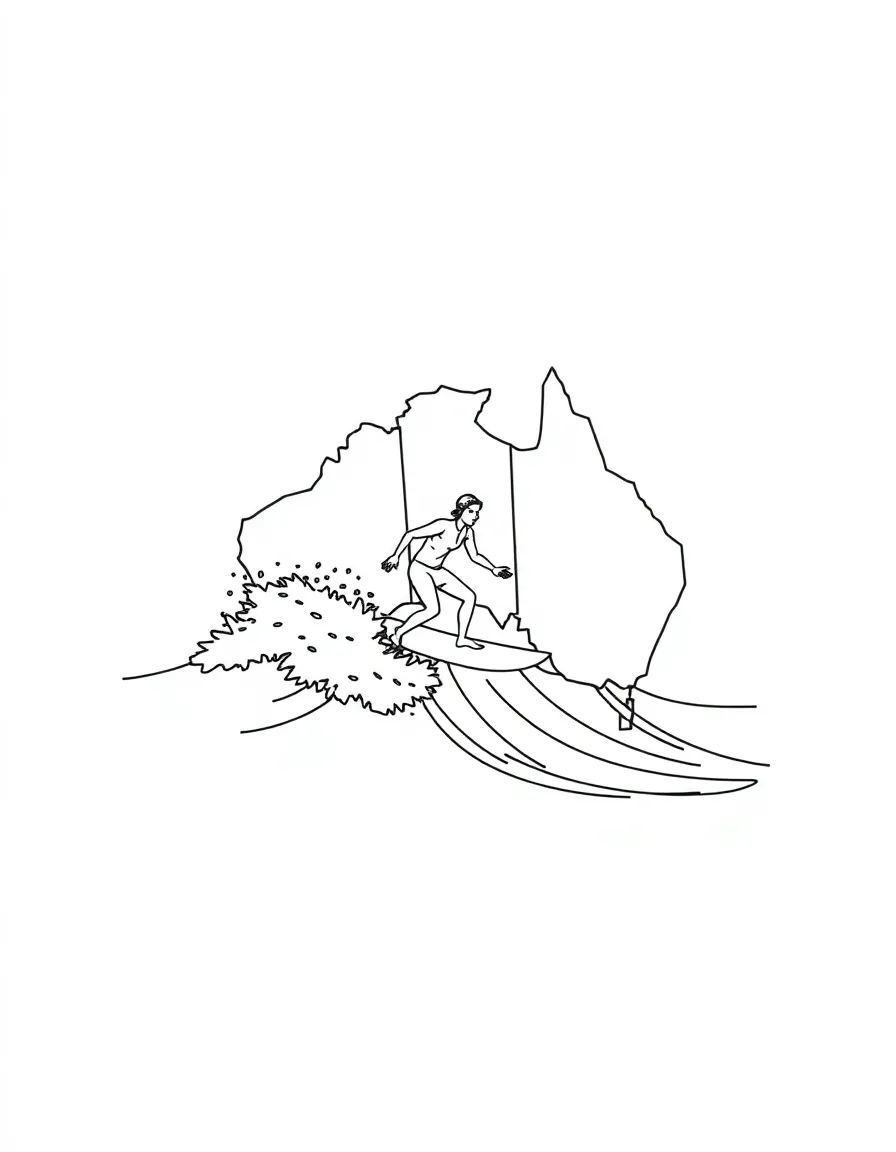 A simple outline of a surfer riding a wave in Australia.